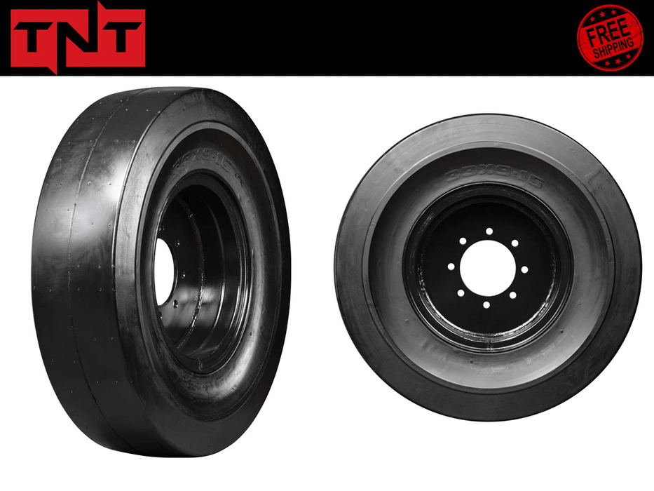 TNT NON-DIRECTIONAL 33X12-20 (12-16.5) Mounted Solid Tire and Rim Assemblies with larger hub